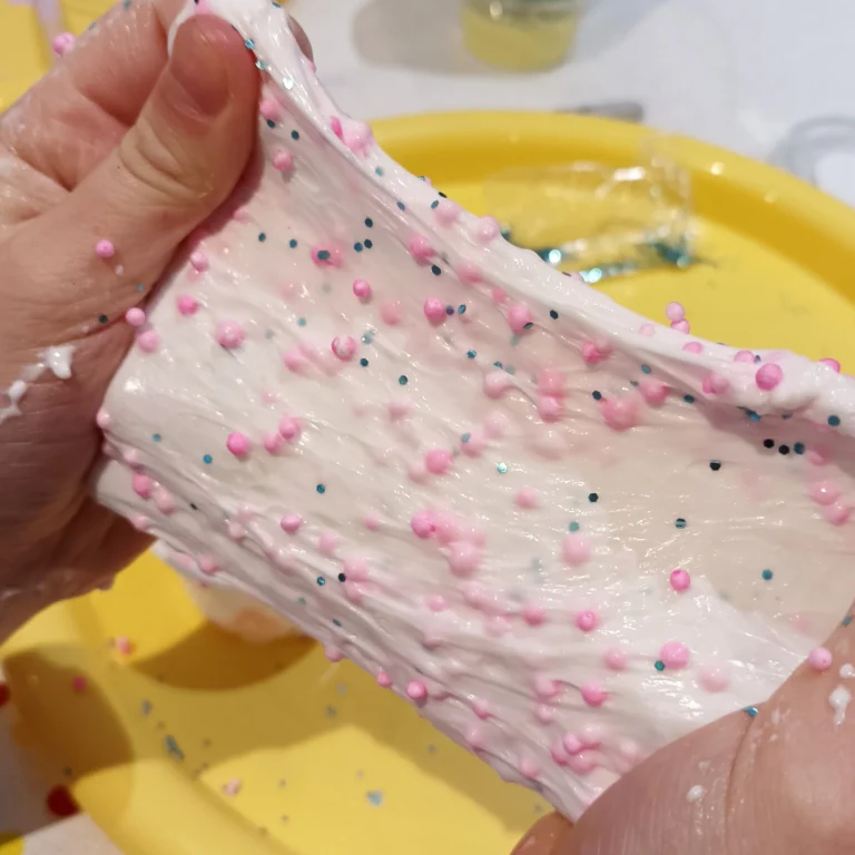 a pink textured stretchy slime at our Slime Party